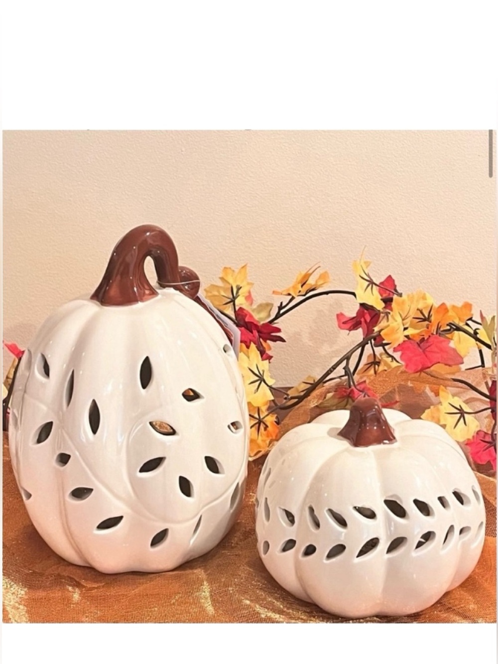 🆕- Set of 2- Ceramic Light-Up Pumpkins with Cut-Out Design.